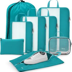 Gonex 8 Set Compression Packing Cubes, Expandable Mesh Organizer for Travel Accessories, Essentials With Toiletry, Laundry, Shoe, Cable Bags for Suitcases, Blue